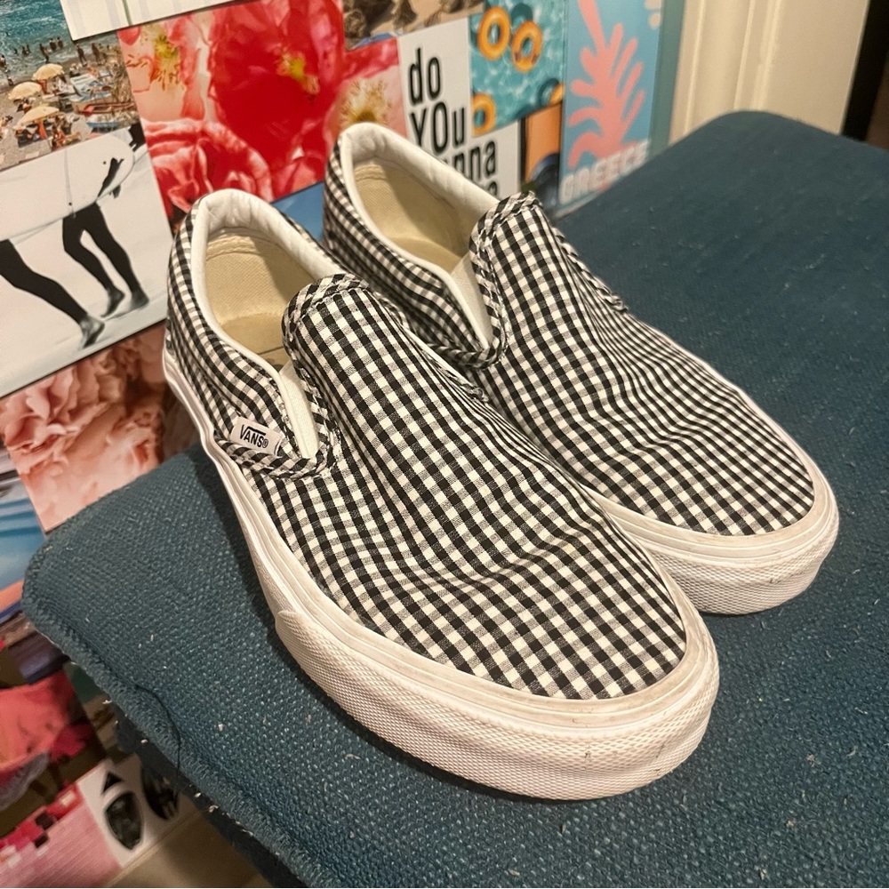 black & white gingham slip on vans
